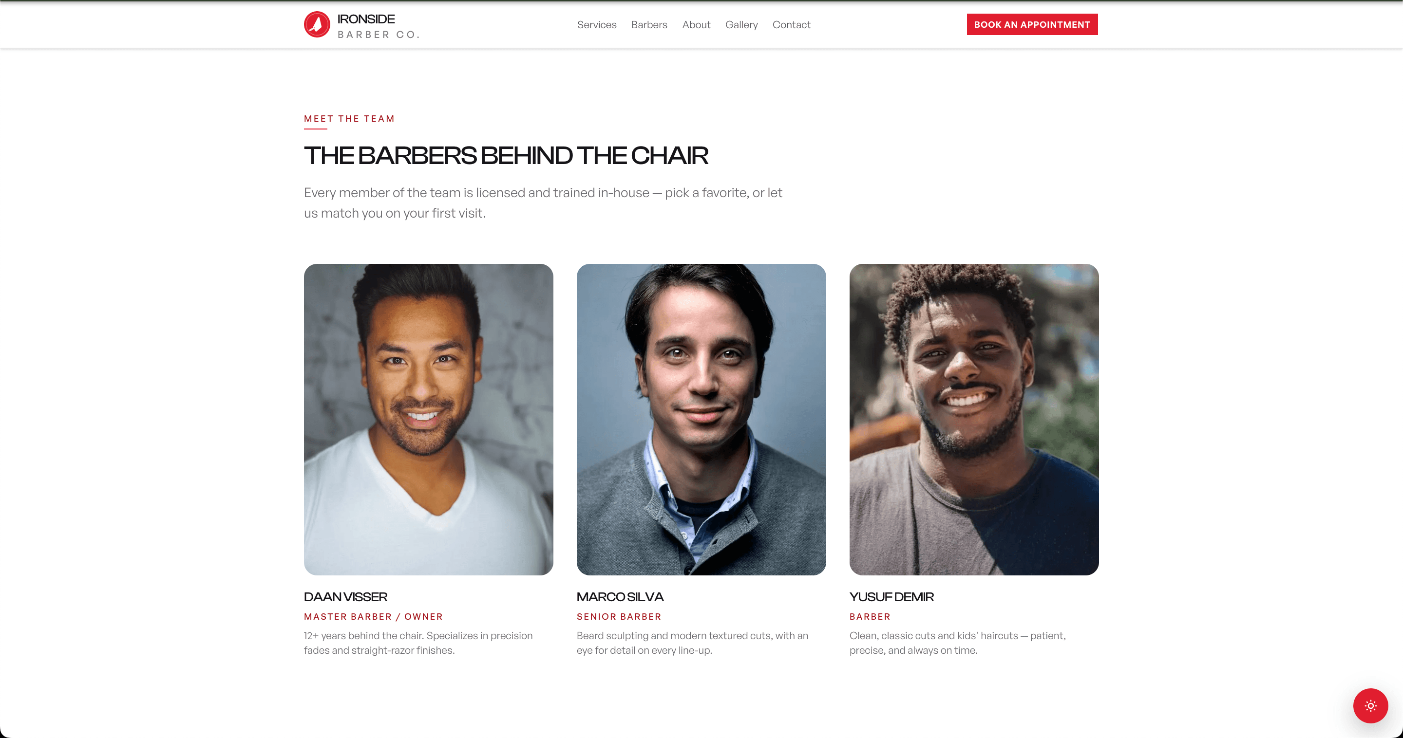 Ironside Barber Co. team section with barber portraits
