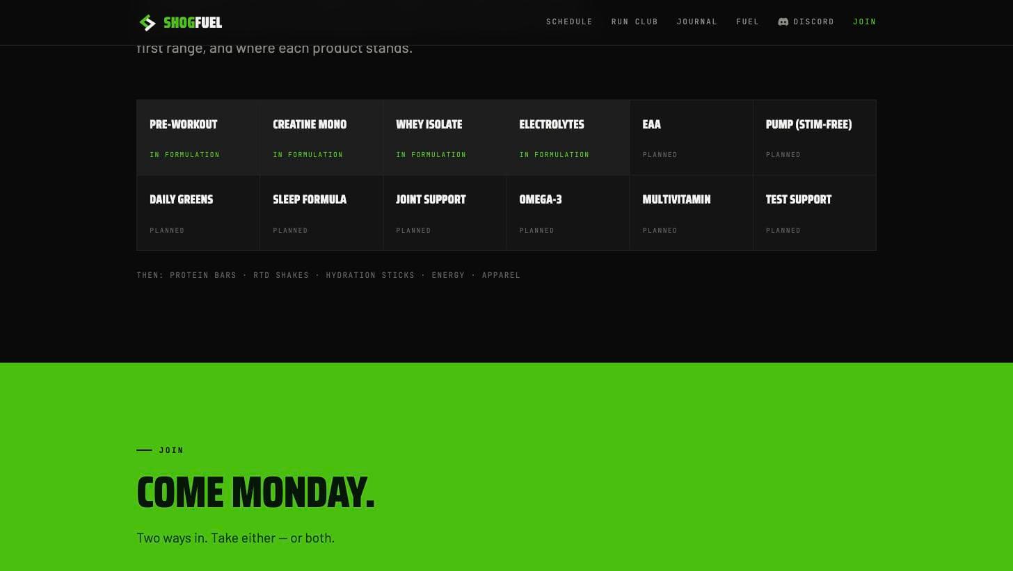 Shog Fuel's product roadmap and sign-up section