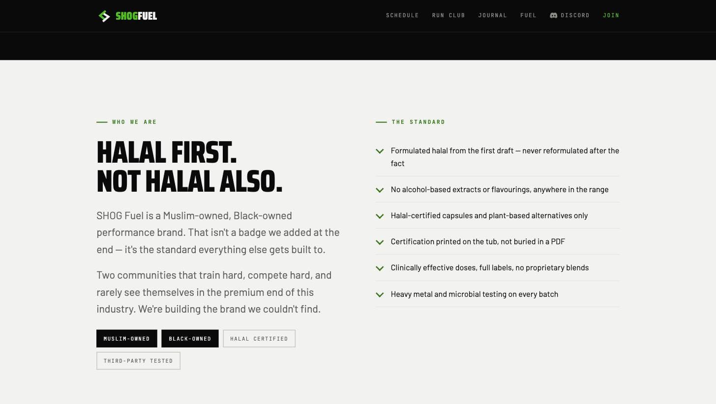 Shog Fuel's brand story and halal standard section