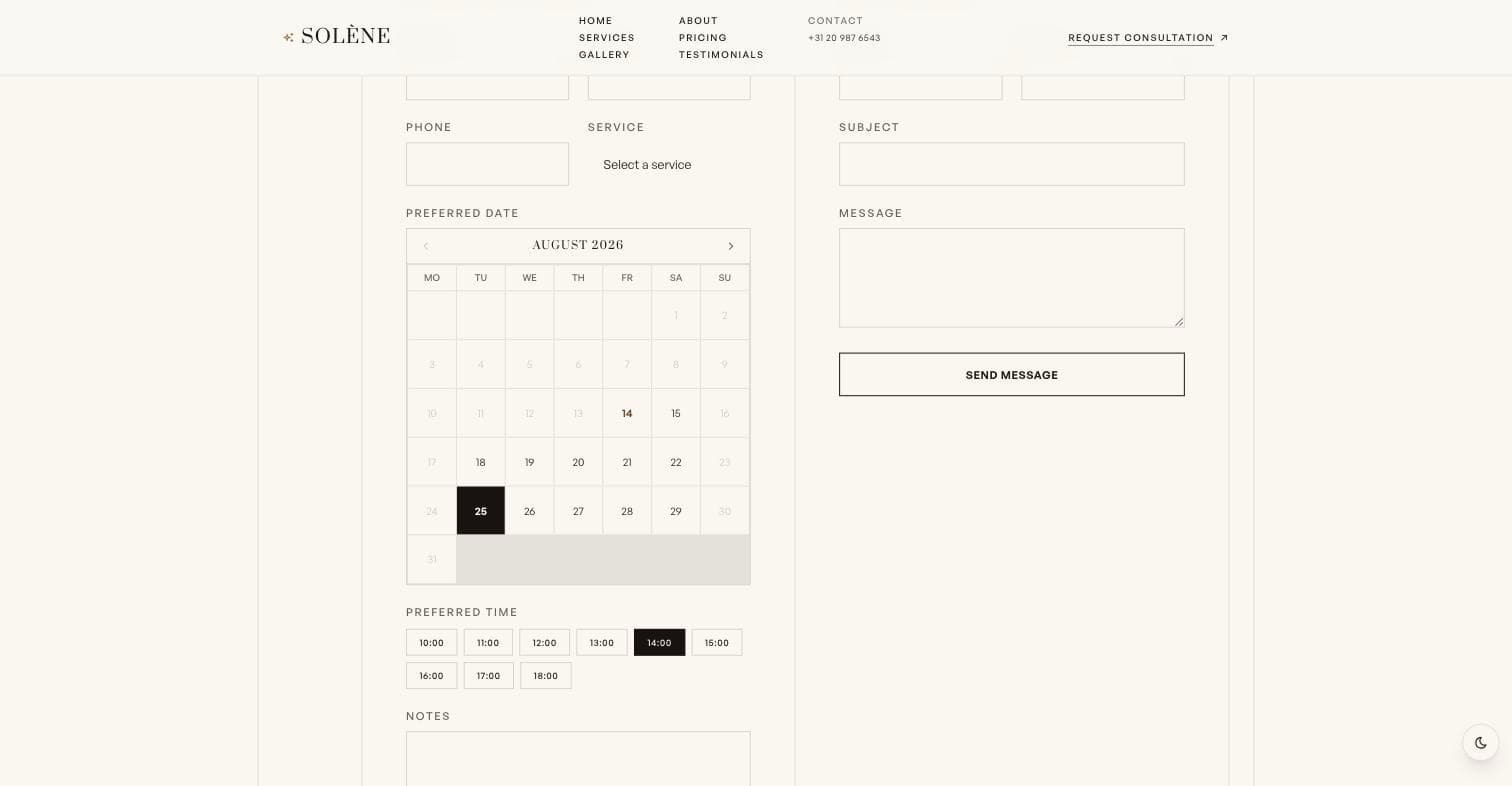 Solène Beauty Atelier booking and contact form with calendar-style date picker