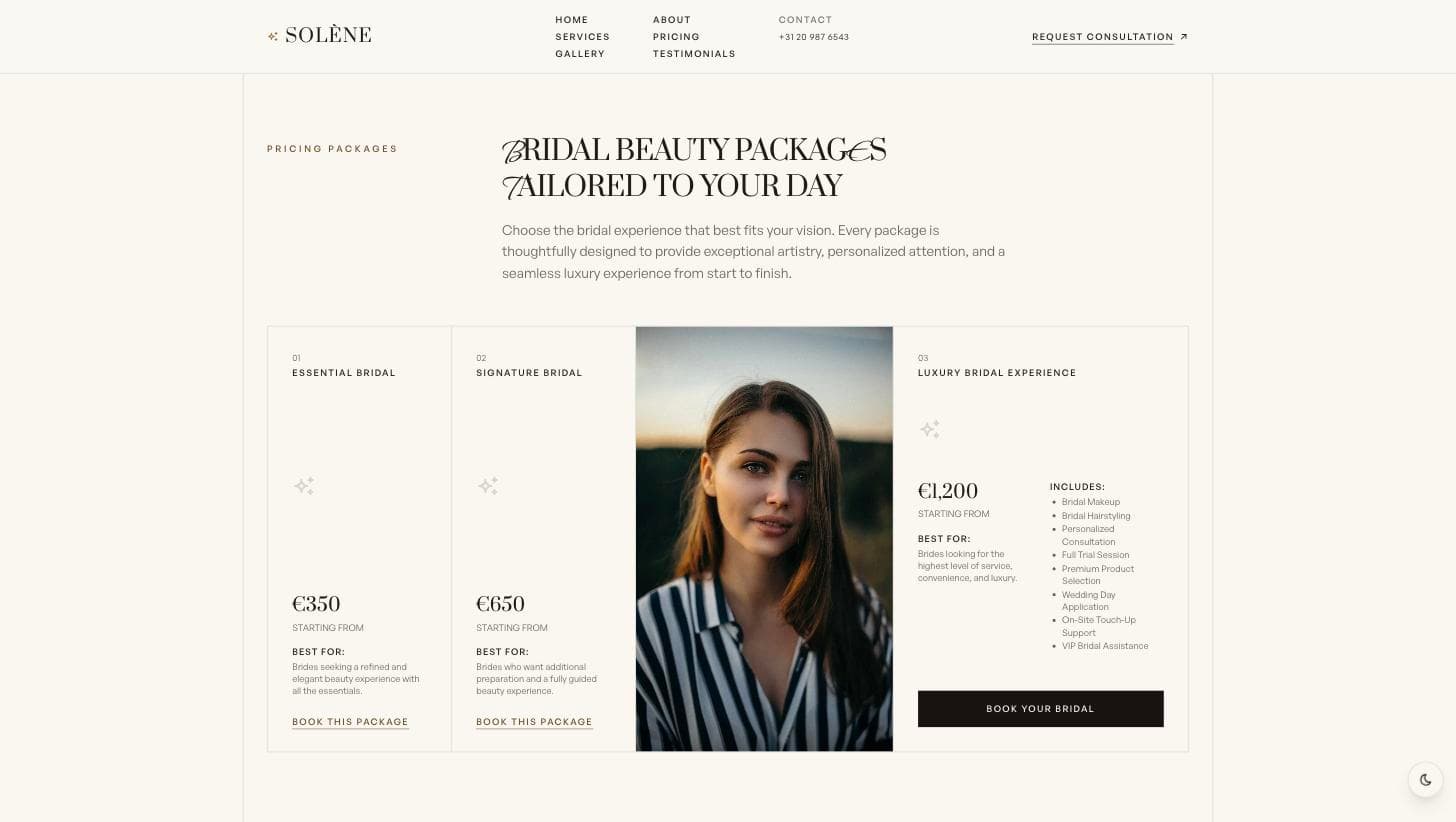 Solène Beauty Atelier bridal package pricing section