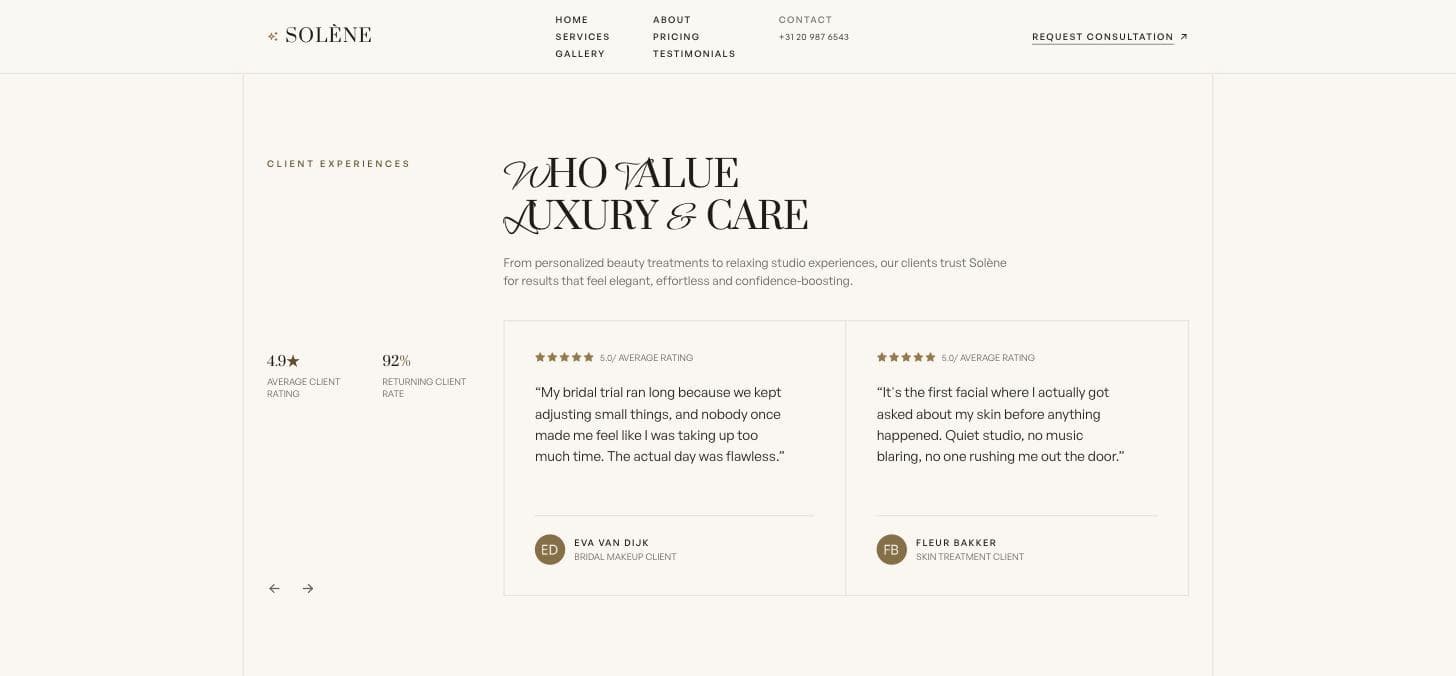 Solène Beauty Atelier testimonials section