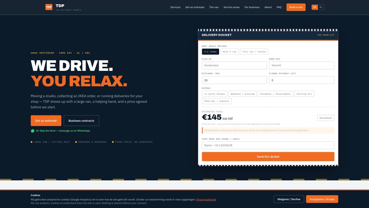 The Delivery People homepage hero with live delivery docket estimator